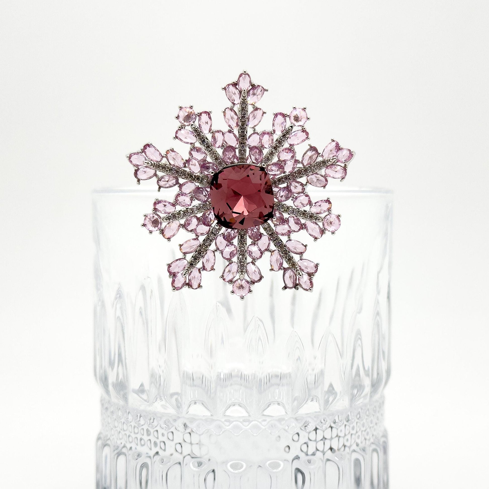 French Sweet Pink Snowflake Crystal Brooch, Copper Zircon Accents