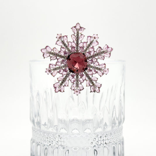 French Sweet Pink Snowflake Crystal Brooch, Copper Zircon Accents