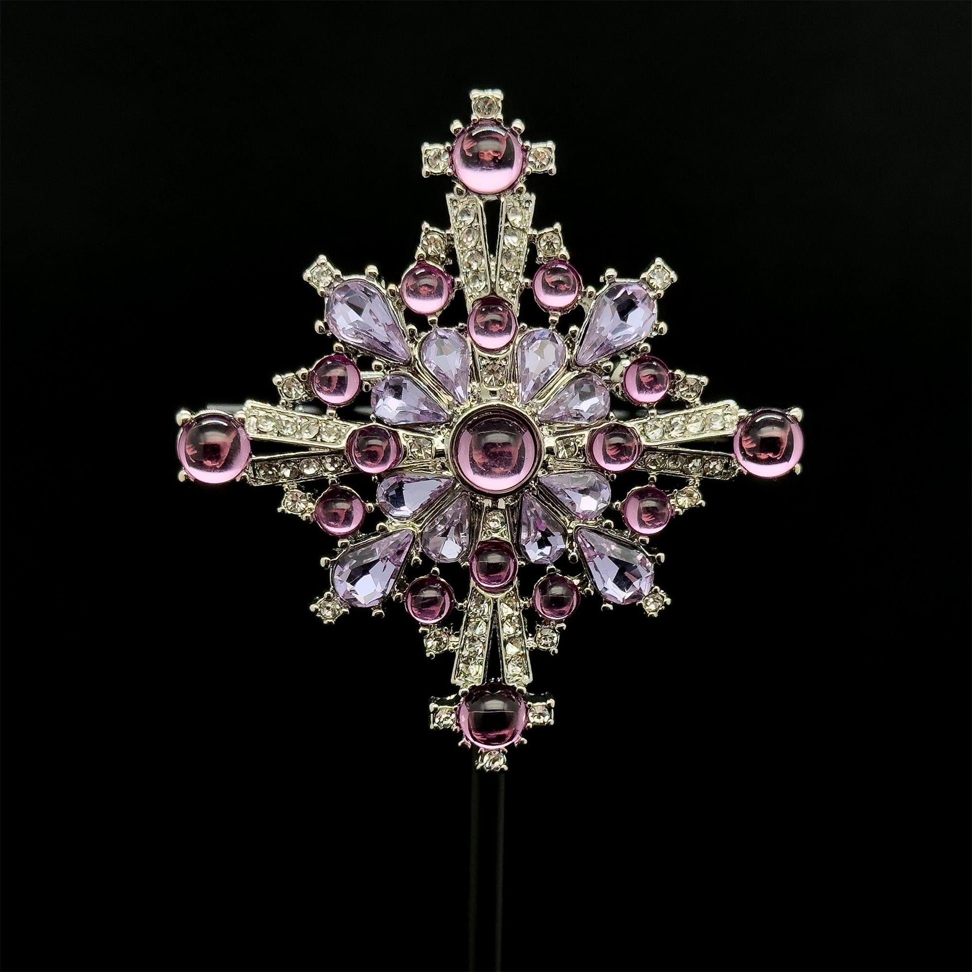 Vintage Art Deco Blue Crystal Cross Brooch, Copper Backing