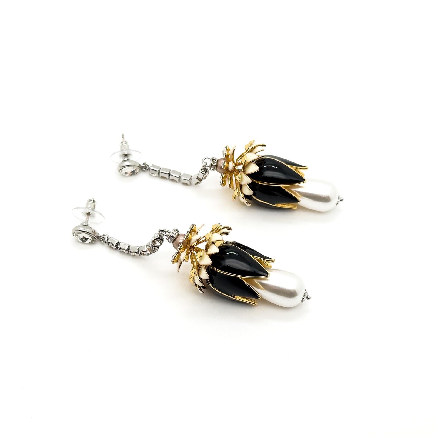 Art Deco Vintage Pearl Rhinestone Flower Drop Earrings, Long Fringe