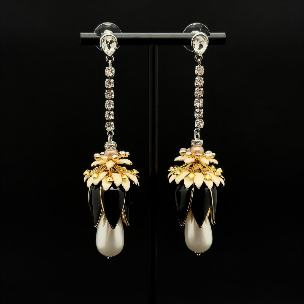 Art Deco Vintage Pearl Rhinestone Flower Drop Earrings, Long Fringe