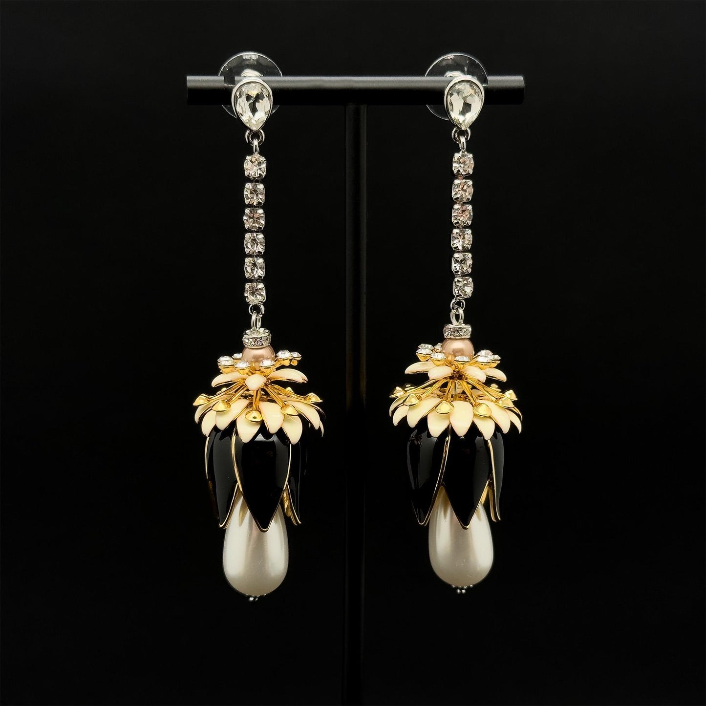 Art Deco Vintage Pearl Rhinestone Flower Drop Earrings, Long Fringe