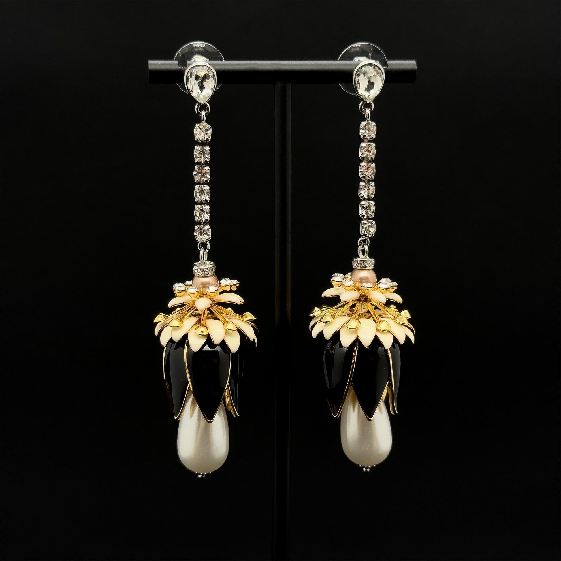 Art Deco Vintage Pearl Rhinestone Flower Drop Earrings, Long Fringe