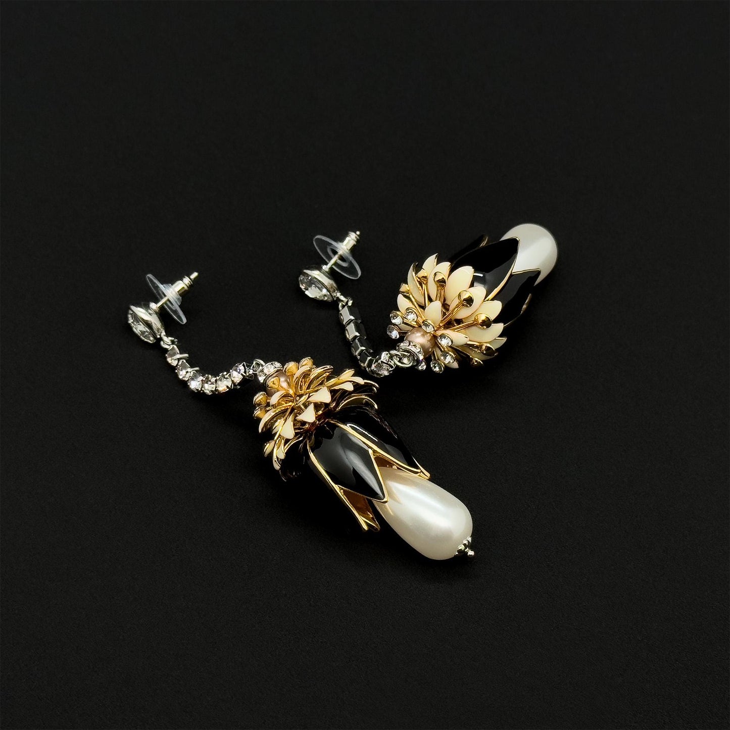 Art Deco Vintage Pearl Rhinestone Flower Drop Earrings, Long Fringe