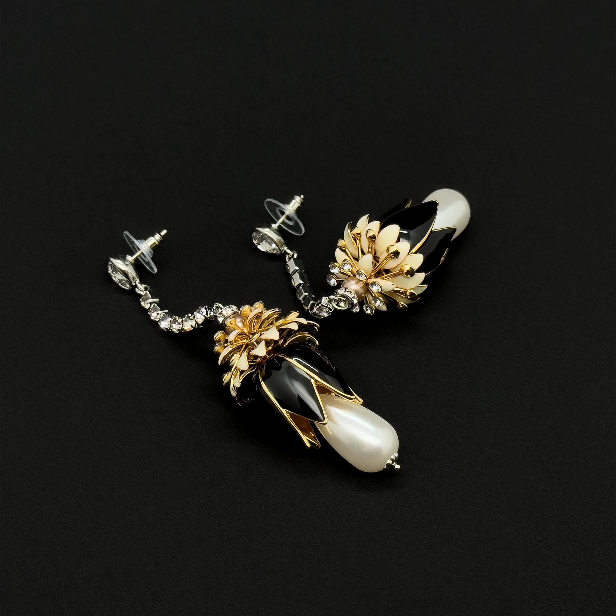 Art Deco Vintage Pearl Rhinestone Flower Drop Earrings, Long Fringe