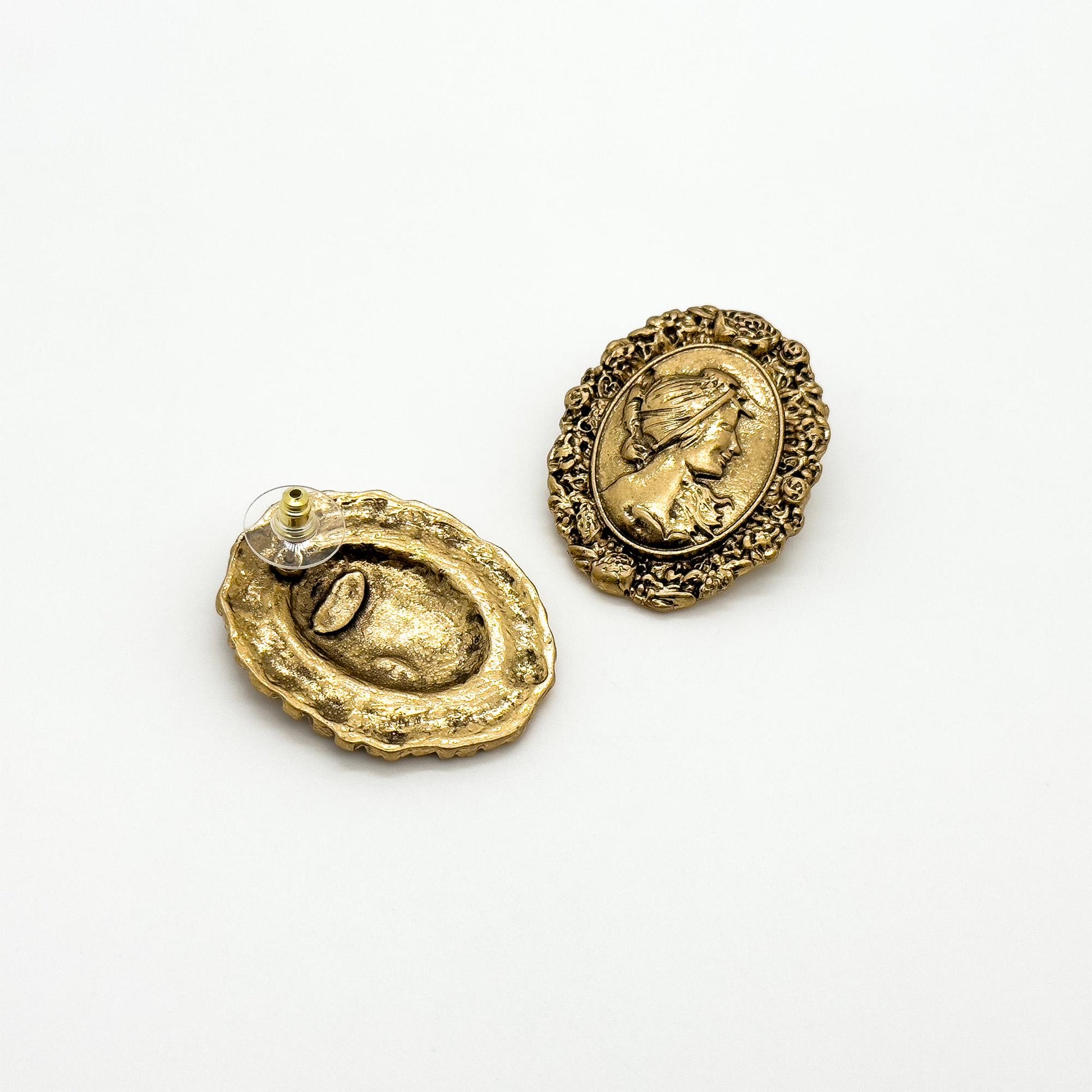 Art Deco Vintage Portrait Relief Copper Stud Earrings, 925 Silver