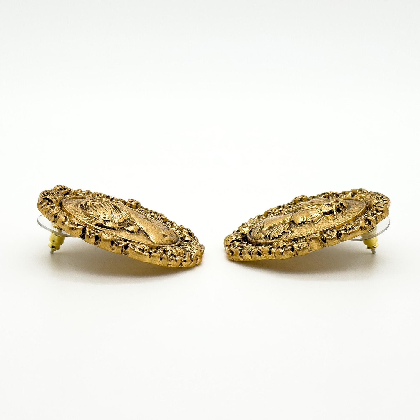 Art Deco Vintage Portrait Relief Copper Stud Earrings, 925 Silver