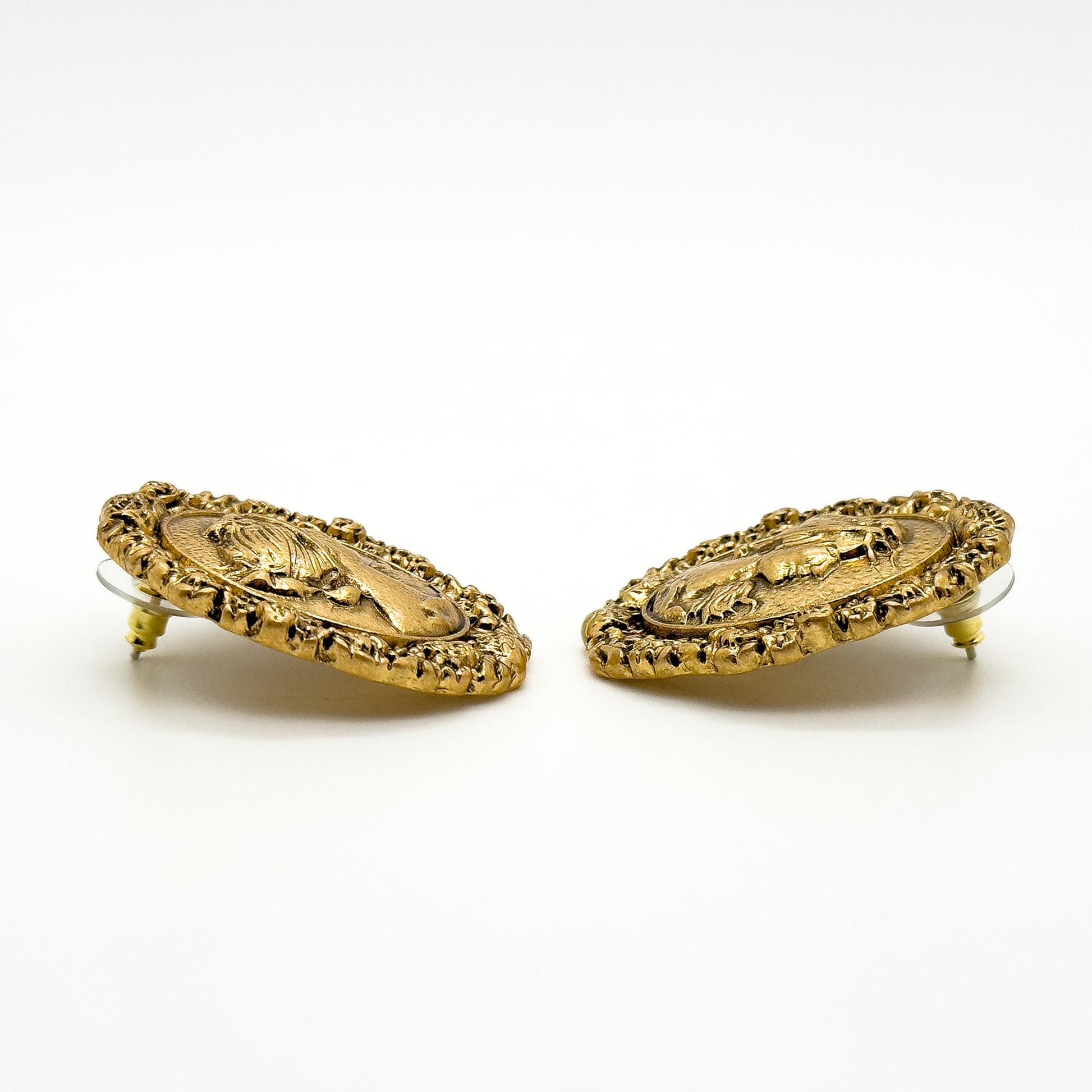 Art Deco Vintage Portrait Relief Copper Stud Earrings, 925 Silver