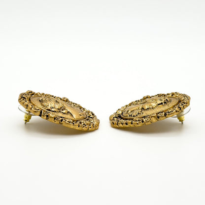 Art Deco Vintage Portrait Relief Copper Stud Earrings, 925 Silver