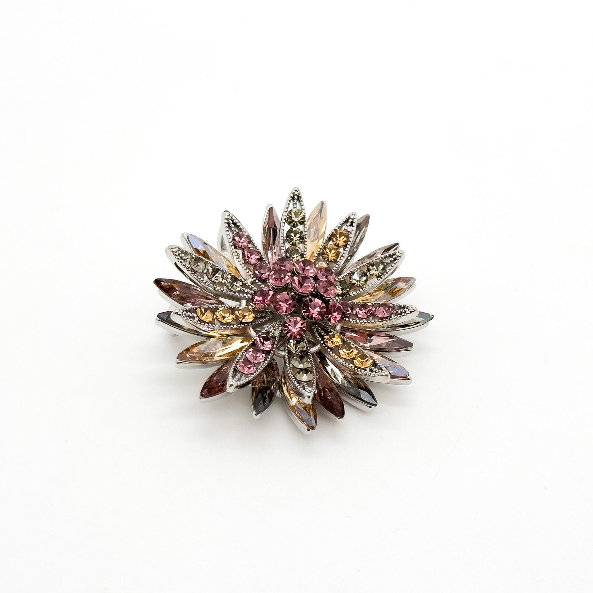 Art Deco Sunflower Crystal Brooch – 3D Vintage Copper Pin