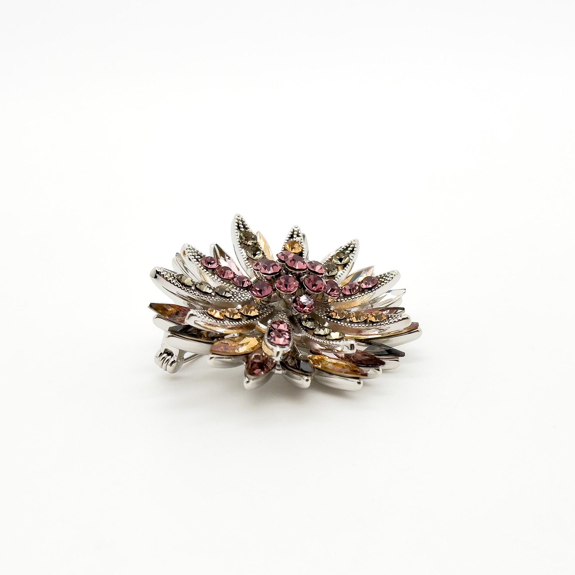 Art Deco Sunflower Crystal Brooch – 3D Vintage Copper Pin
