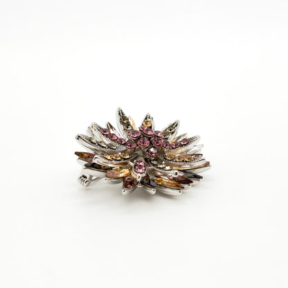 Art Deco Sunflower Crystal Brooch – 3D Vintage Copper Pin