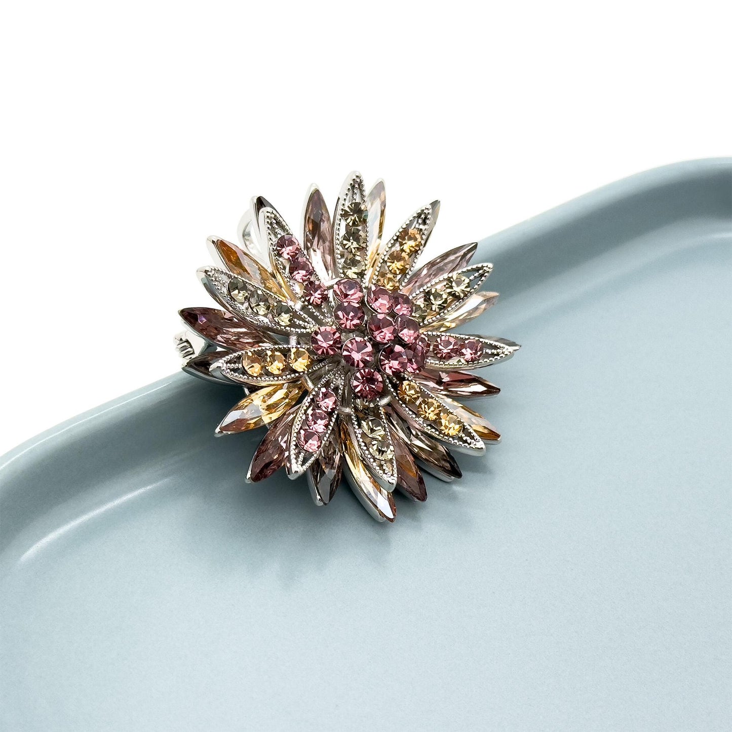 Art Deco Sunflower Crystal Brooch – 3D Vintage Copper Pin