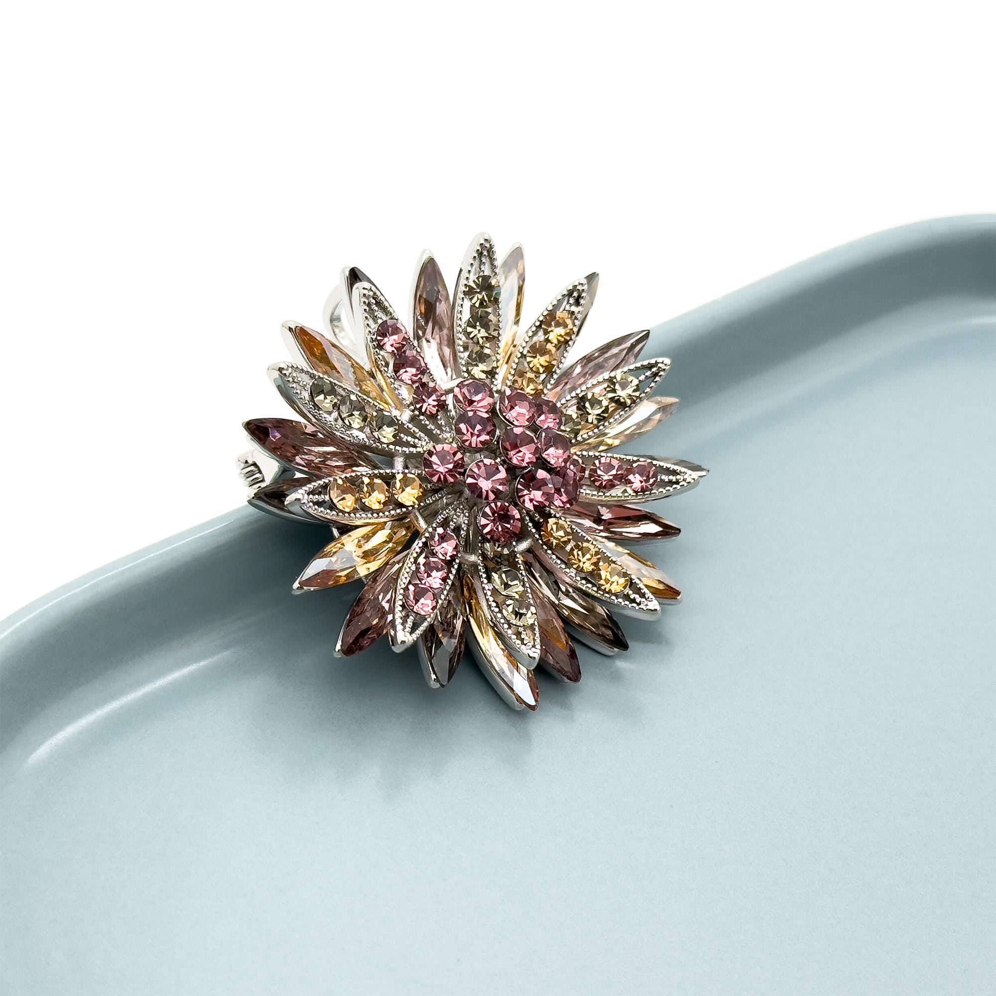 Art Deco Sunflower Crystal Brooch – 3D Vintage Copper Pin