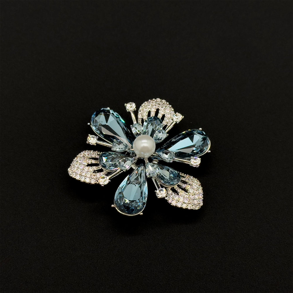 Vintage Art Deco Blue Crystal Flower Brooch, Gold-Plated Pin