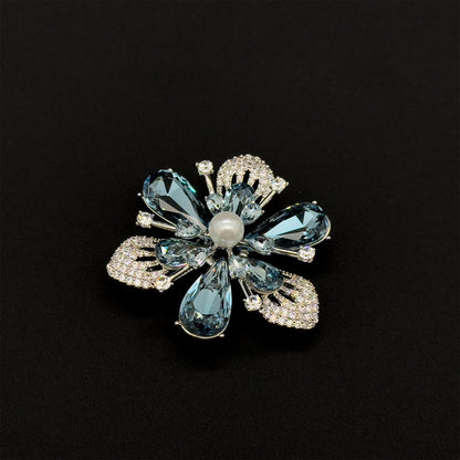 Vintage Art Deco Blue Crystal Flower Brooch, Gold-Plated Pin