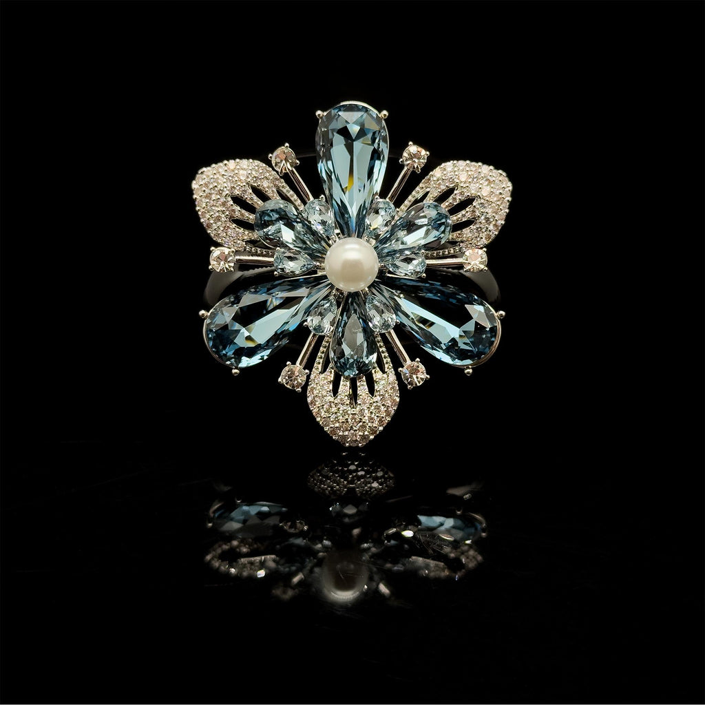Vintage Art Deco Blue Crystal Flower Brooch, Gold-Plated Pin