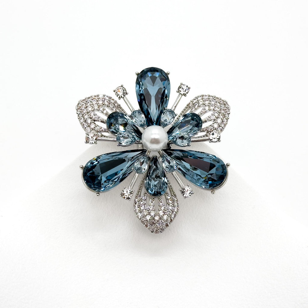 Vintage Art Deco Blue Crystal Flower Brooch, Gold-Plated Pin