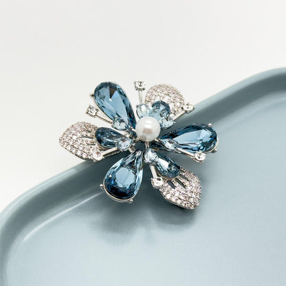 Vintage Art Deco Blue Crystal Flower Brooch, Gold-Plated Pin