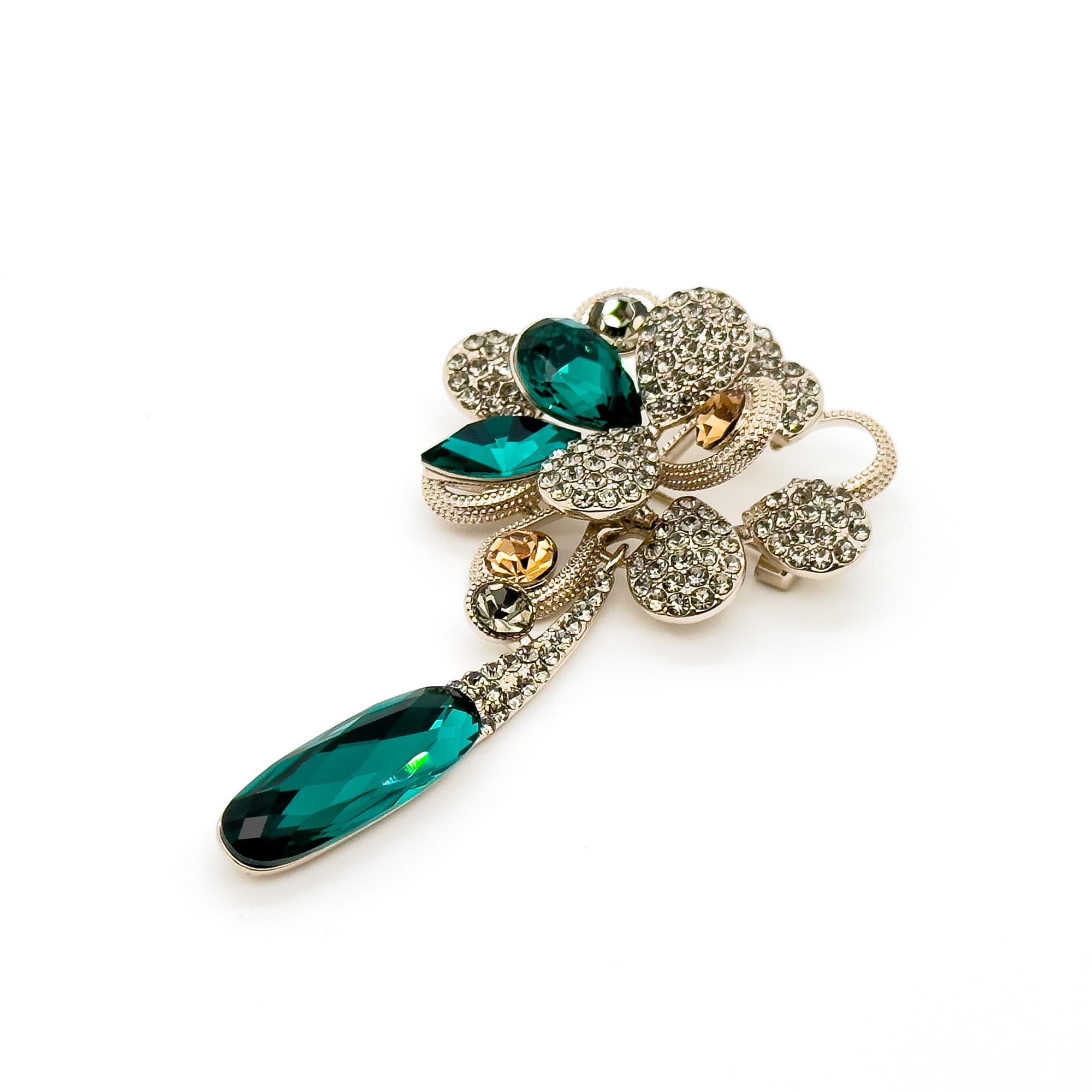 Vintage Art Deco Floral Tassel Brooch with Zircon and Crystal