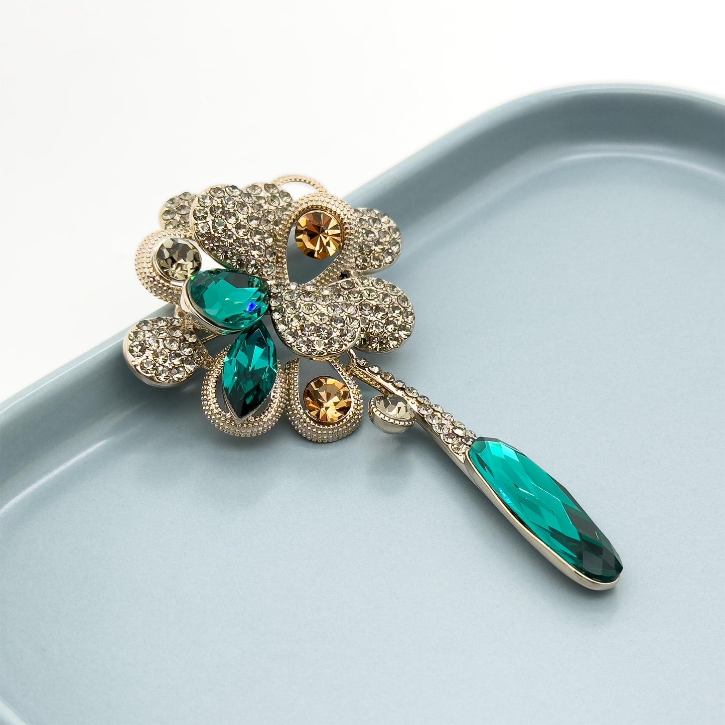 Vintage Art Deco Floral Tassel Brooch with Zircon and Crystal