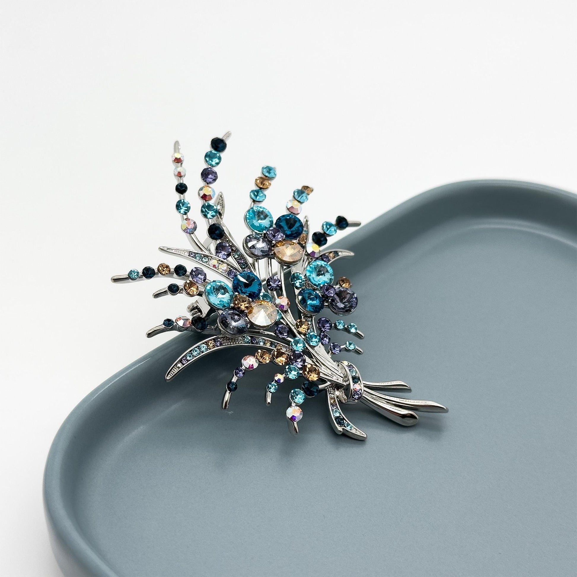 Art Deco Floral Bouquet Brooch Copper Zircon Crystal Pin