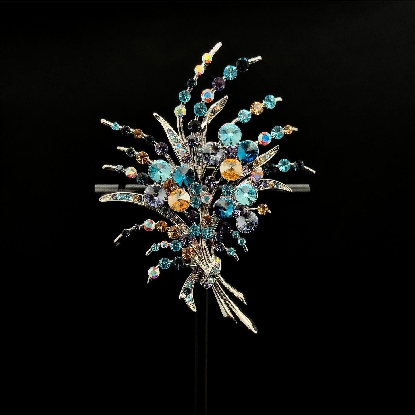 Art Deco Floral Bouquet Brooch Copper Zircon Crystal Pin