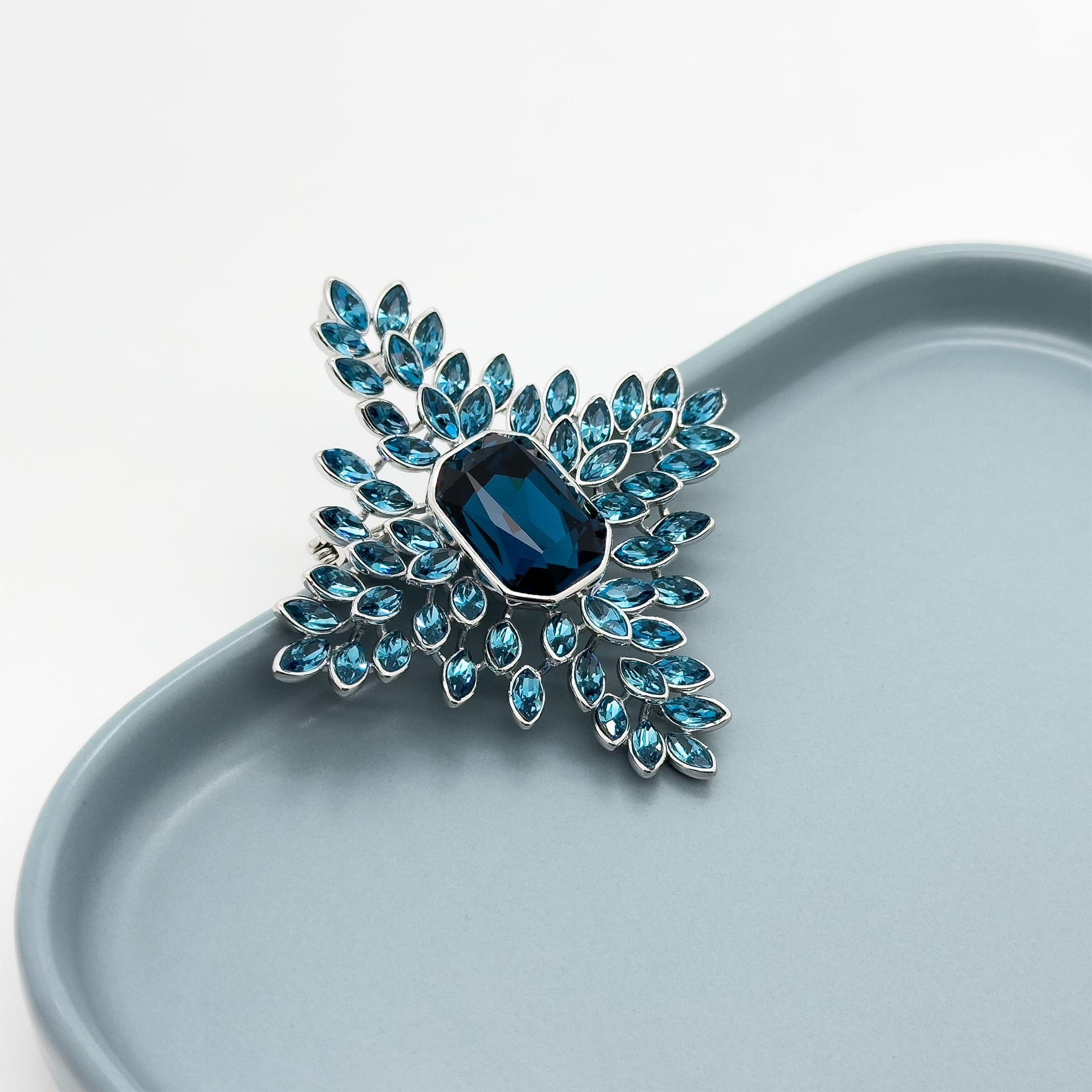 Art Deco Vintage Leaf Brooch Blue Crystal Copper Statement Pin