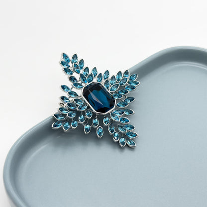 Art Deco Vintage Leaf Brooch Blue Crystal Copper Statement Pin