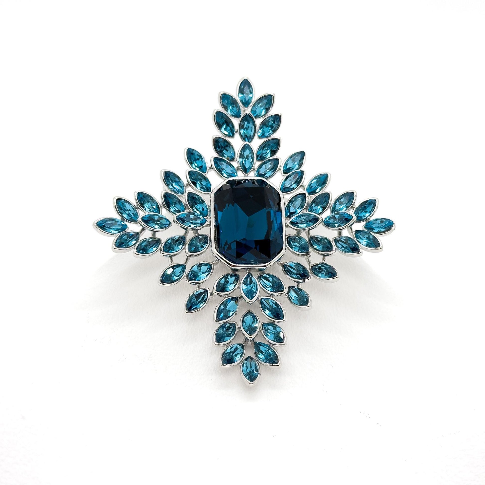 Art Deco Vintage Leaf Brooch Blue Crystal Copper Statement Pin