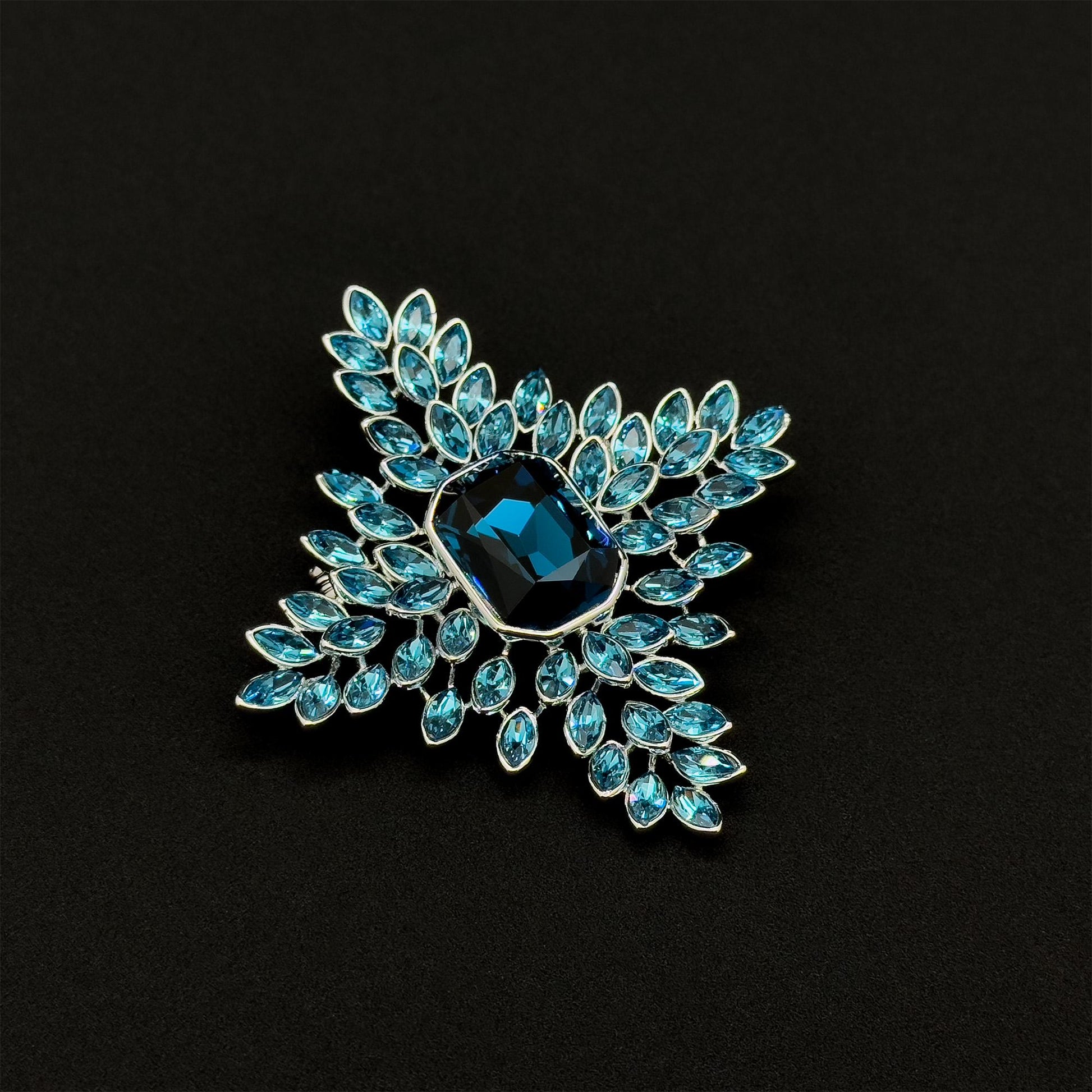 Art Deco Vintage Leaf Brooch Blue Crystal Copper Statement Pin