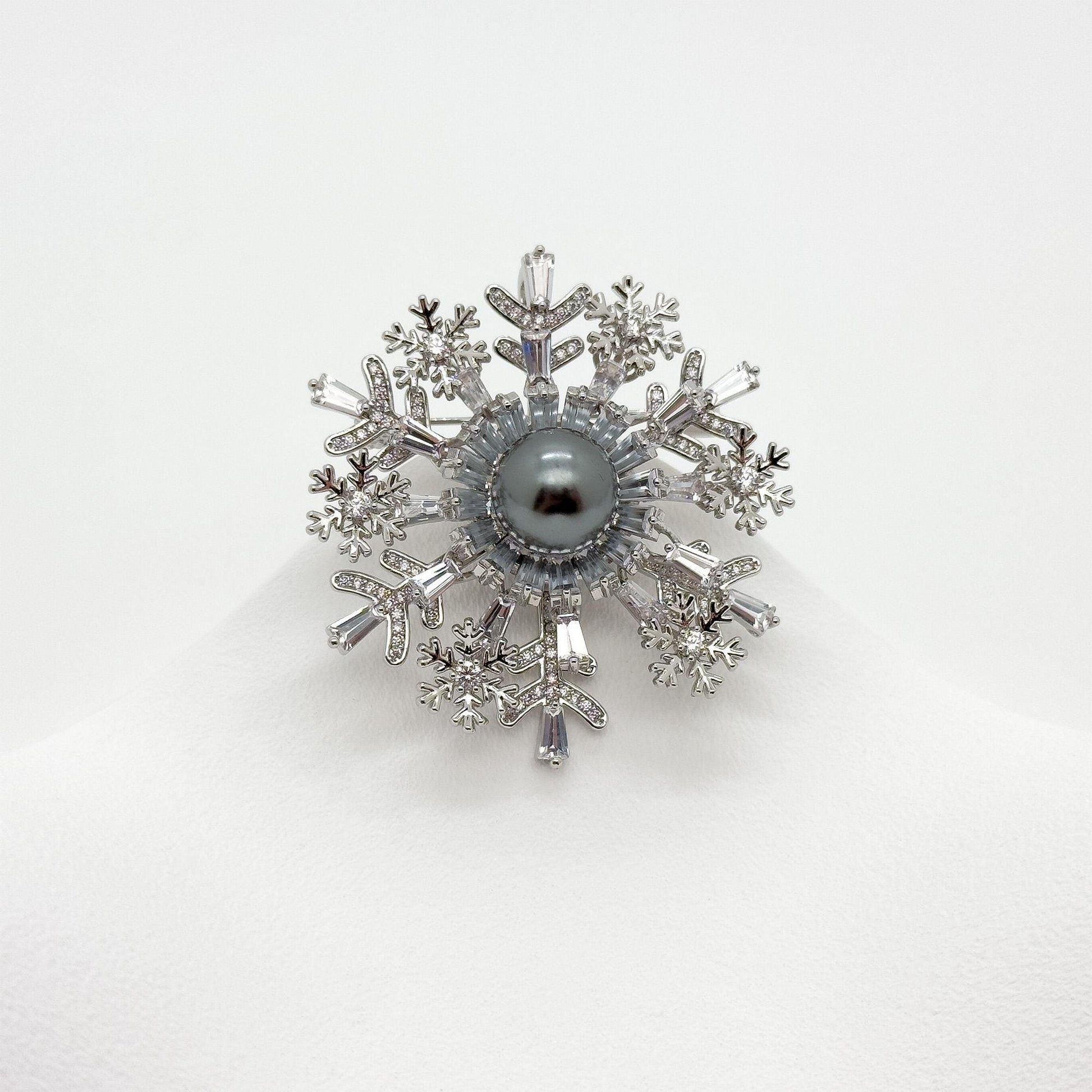 Art Deco Snowflake Brooch Zircon Pearl Copper Vintage French Pin