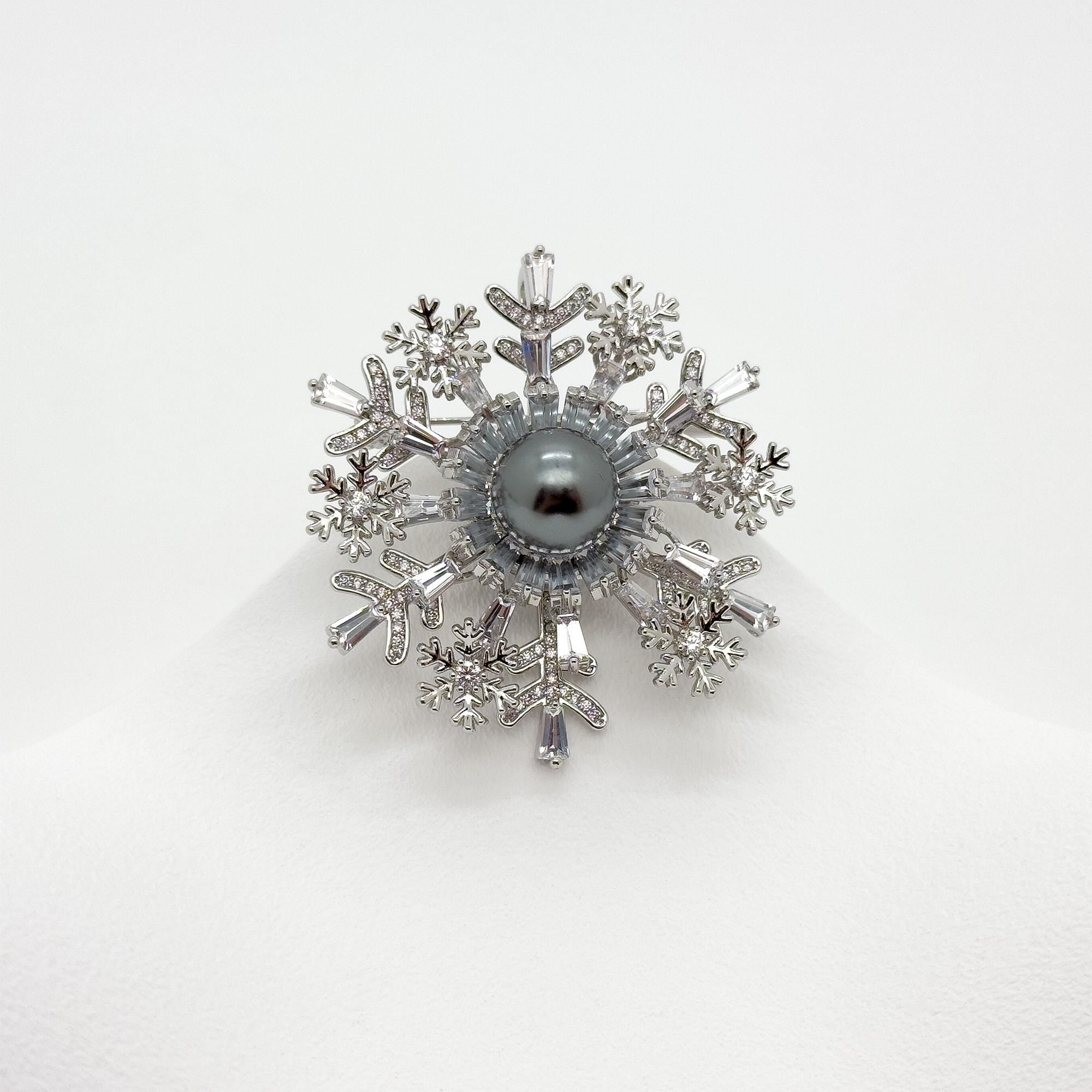 Art Deco Snowflake Brooch Zircon Pearl Copper Vintage French Pin