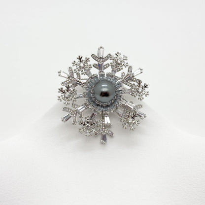 Art Deco Snowflake Brooch Zircon Pearl Copper Vintage French Pin