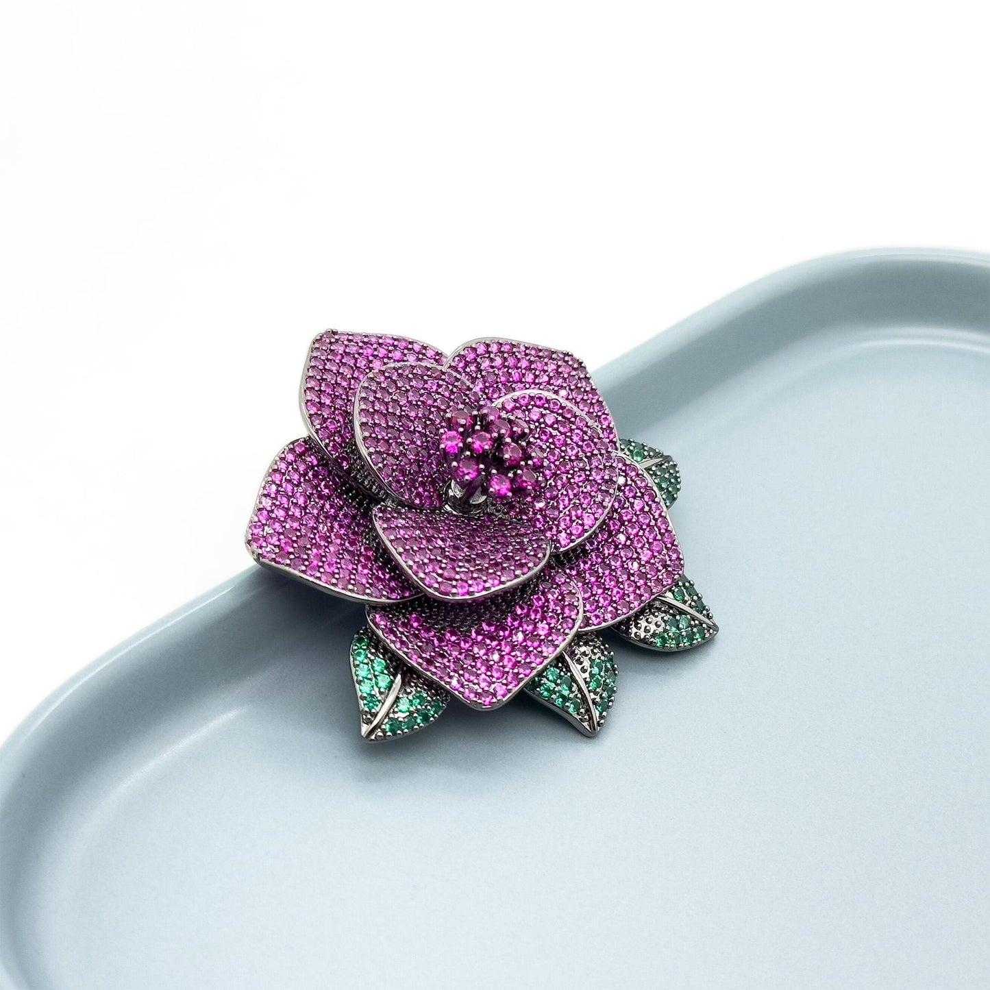 Art Deco Rose Brooch 3D Flower Purple Zircon Copper Brooch