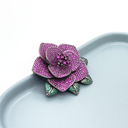 Art Deco Rose Brooch 3D Flower Purple Zircon Copper Brooch