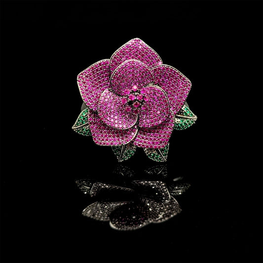 Art Deco Rose Brooch 3D Flower Purple Zircon Copper Brooch