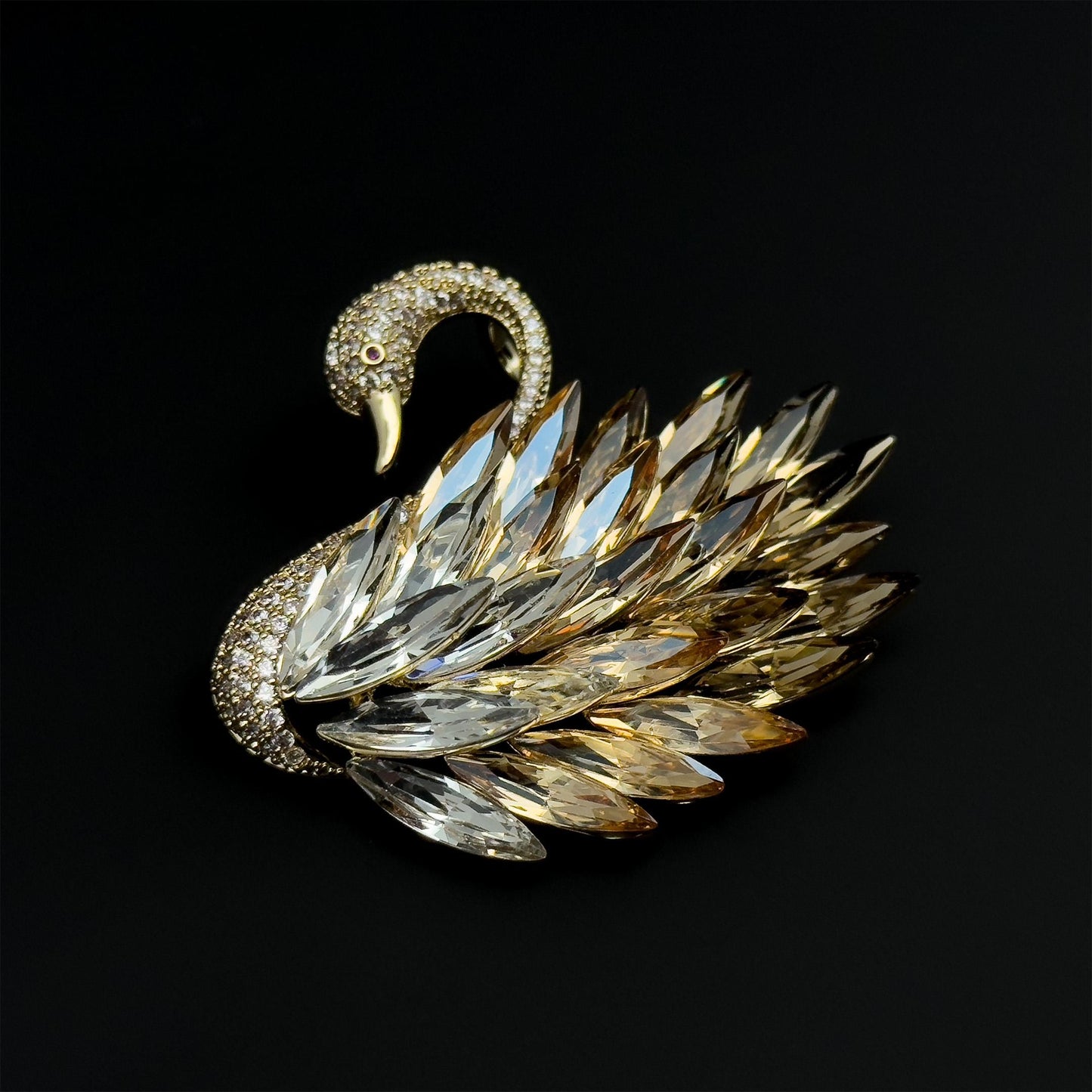French Vintage Crystal Swan Brooch with Zircon Pearl Accents