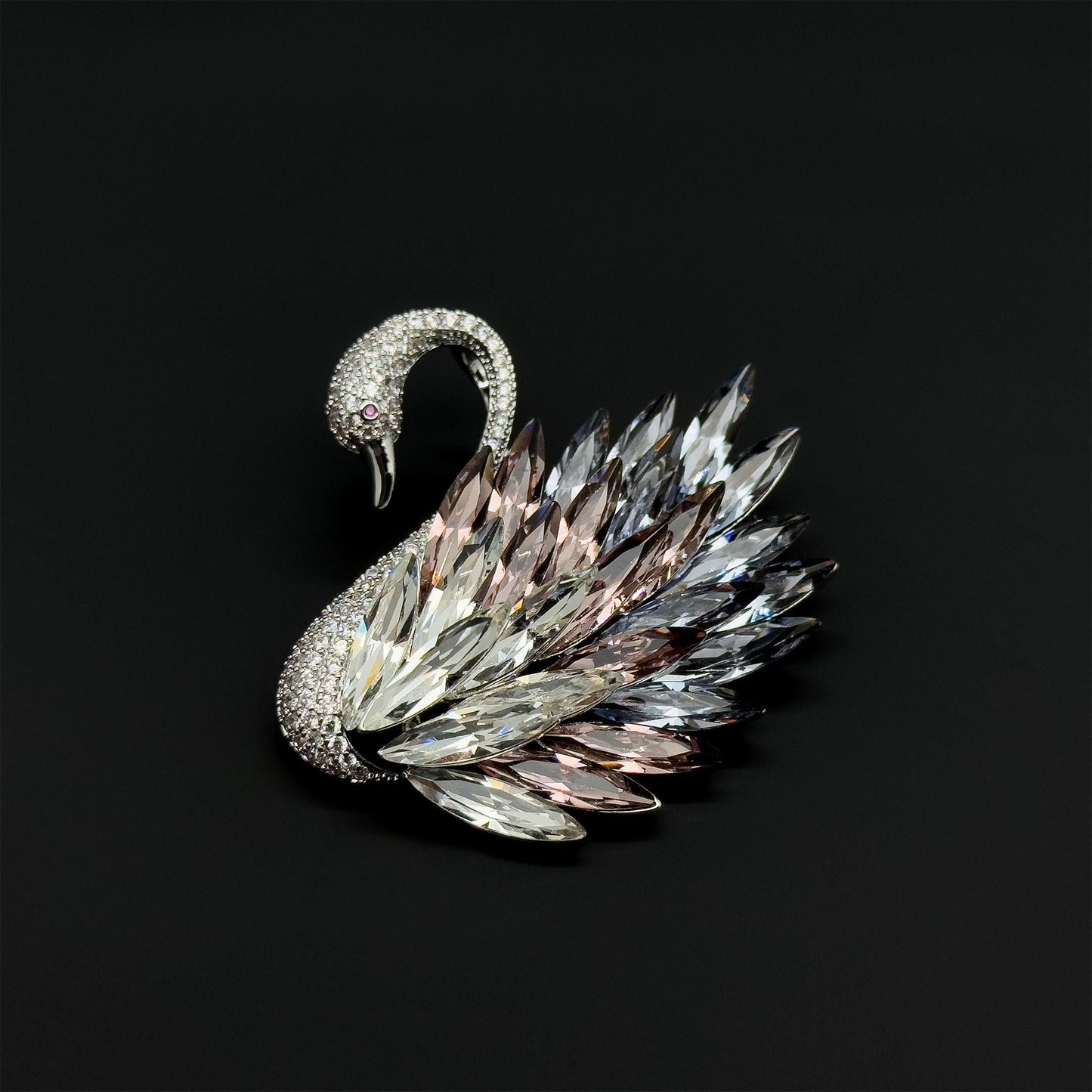 French Vintage Crystal Swan Brooch with Zircon Pearl Accents