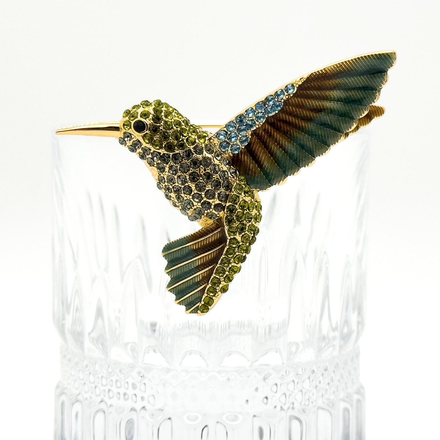 French Vintage Hummingbird Brooch 3D Rhinestone Copper Pin Gift