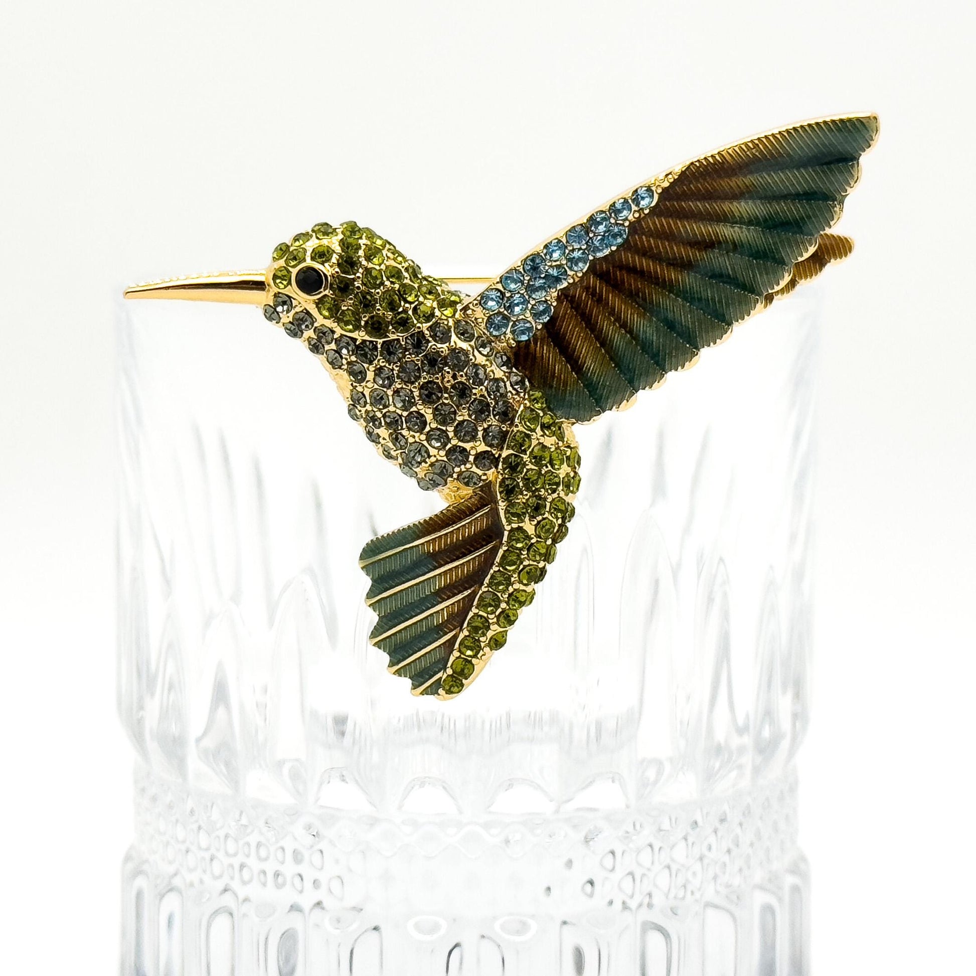 French Vintage Hummingbird Brooch 3D Rhinestone Copper Pin Gift