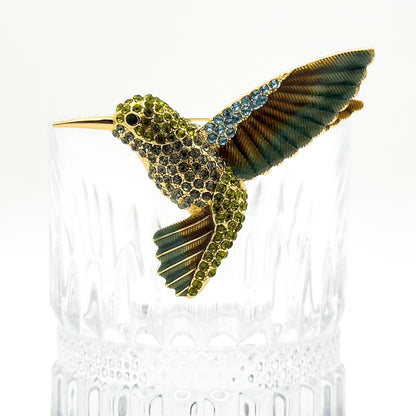 French Vintage Hummingbird Brooch 3D Rhinestone Copper Pin Gift