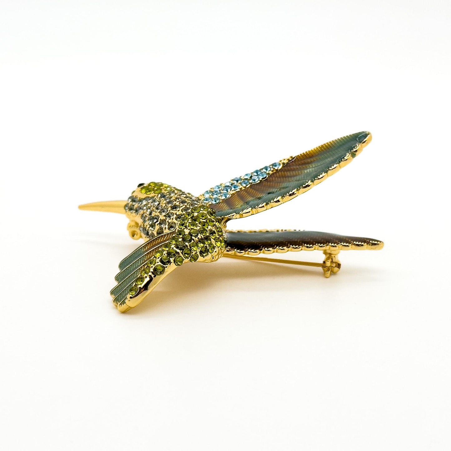 French Vintage Hummingbird Brooch 3D Rhinestone Copper Pin Gift