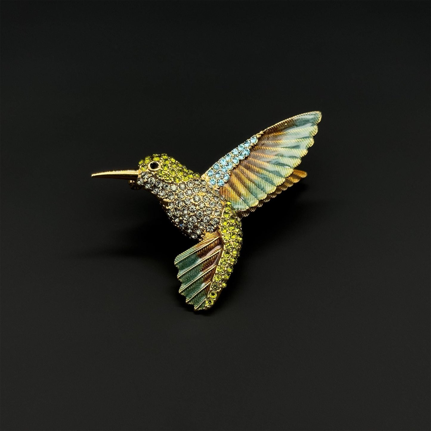 French Vintage Hummingbird Brooch 3D Rhinestone Copper Pin Gift