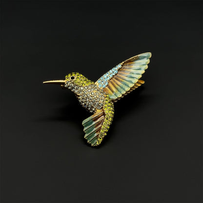 French Vintage Hummingbird Brooch 3D Rhinestone Copper Pin Gift