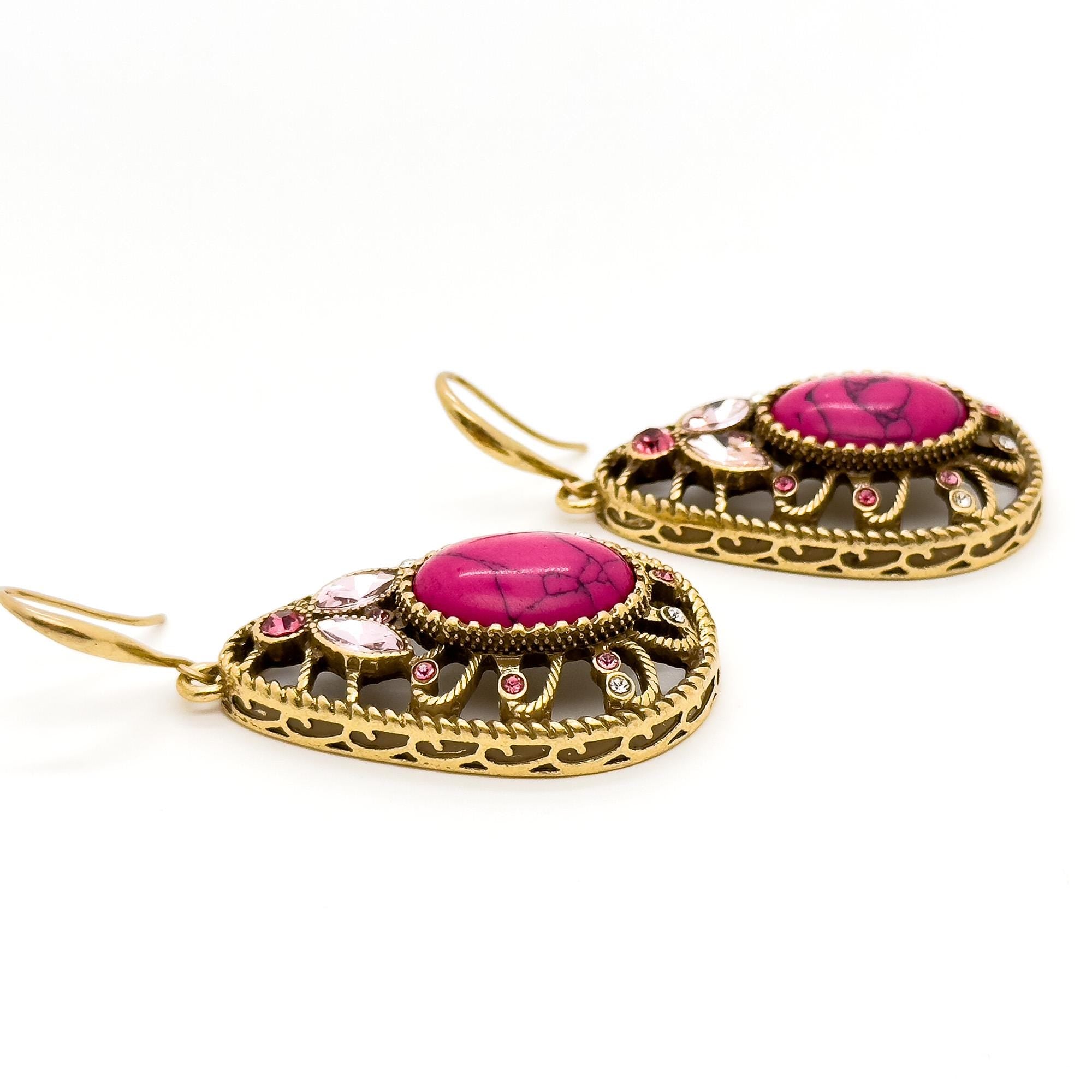 Vintage Art Deco Ruby Drop Earrings Copper Filigree Statement