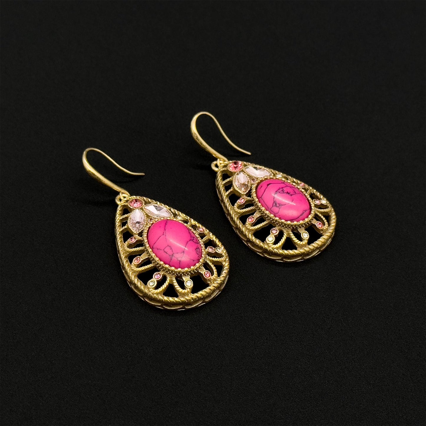 Vintage Art Deco Ruby Drop Earrings Copper Filigree Statement