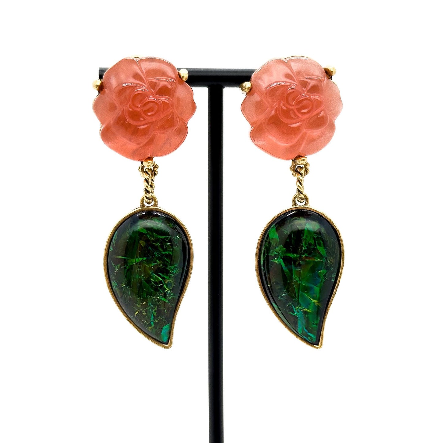 Vintage Art Deco Agate Rose Leaf Drop Earrings