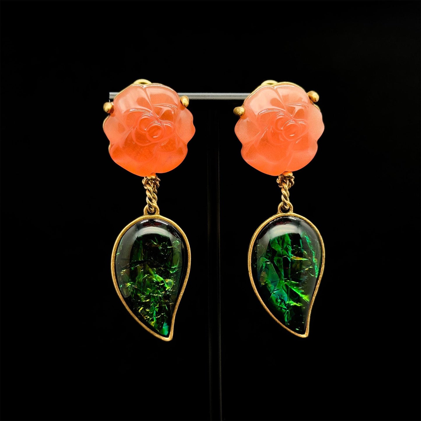 Vintage Art Deco Agate Rose Leaf Drop Earrings