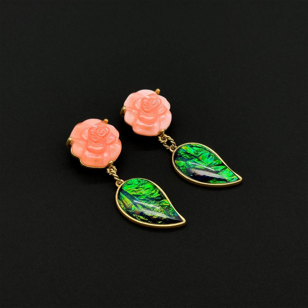 Vintage Art Deco Agate Rose Leaf Drop Earrings
